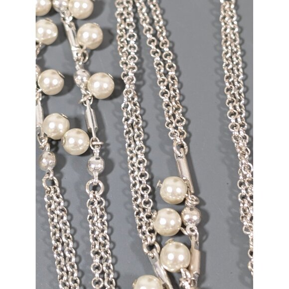 Retro Silver Tone Double Chain Faux Pearl Very Long necklace 64" - Picture 4 of 7